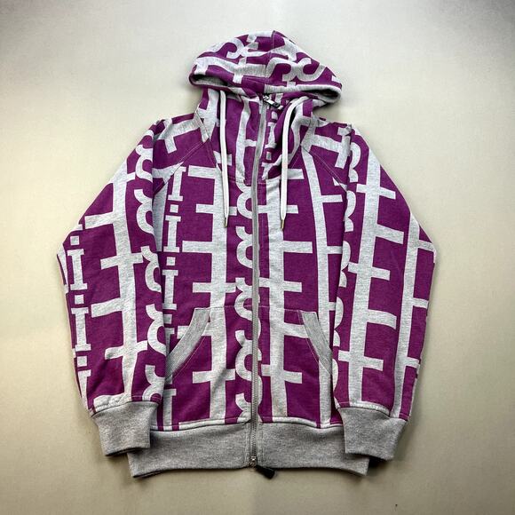 Diesel Hoodie Sweatshirt Womens XXS Purple Gray Monogram All Over Print Full Zip - Picture 1 of 8